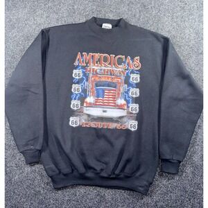 Vintage 90s Tultex Route 66 Trucker Sweatshirt USA Flag Semi Truck Black M